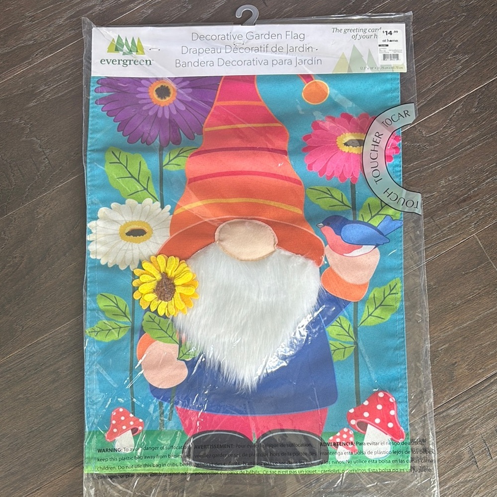Evergreen Garden Flag,Furry Bearded Gnome in garden of flowers, bird,mushroom